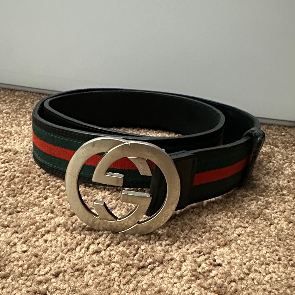 Gucci Black and Green Men's Belt with Red Stripe